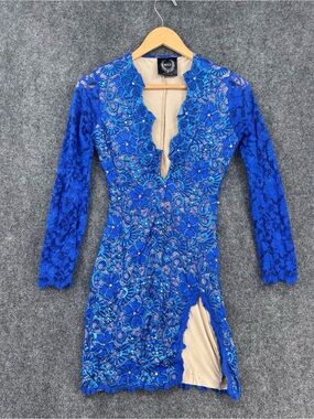 Holt Miami Club Glam Maximalist Dress In Royal Blue Deep V Neck Slit Women’s S